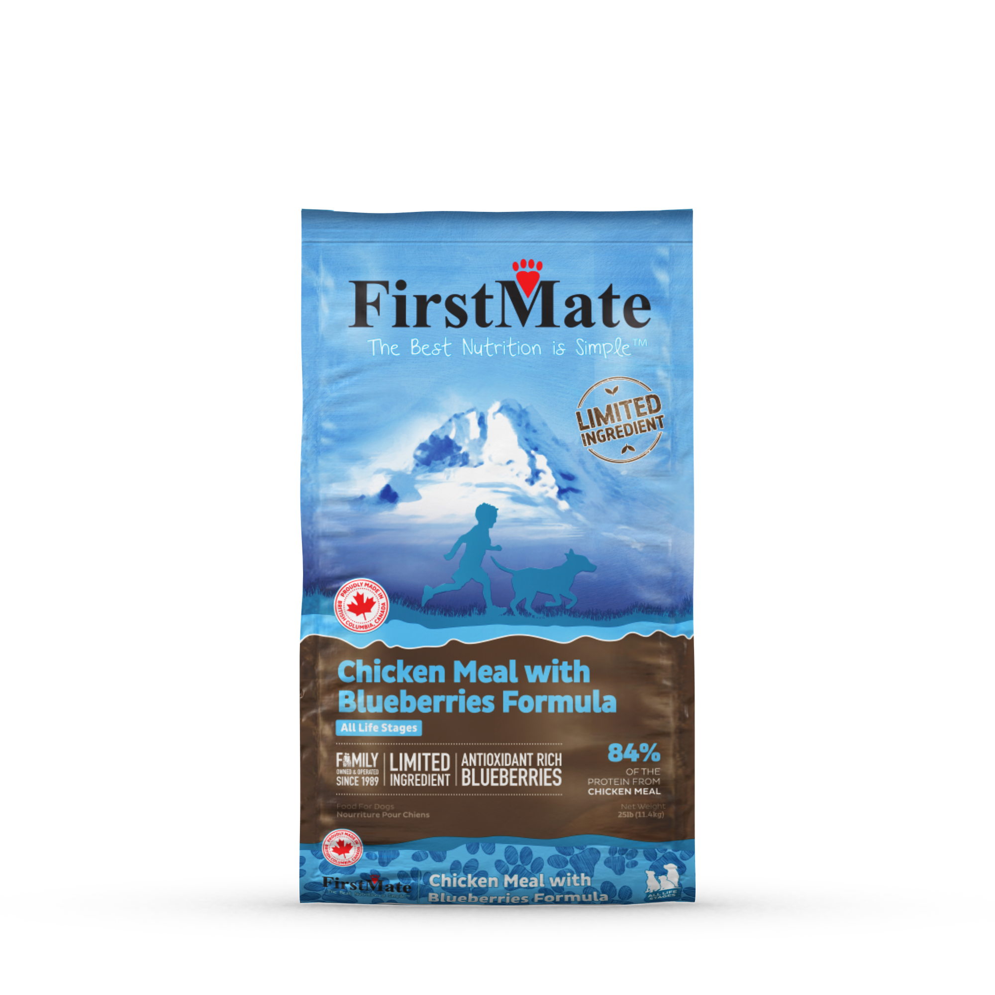 The front of a bag of FirstMate Chicken with Blueberries