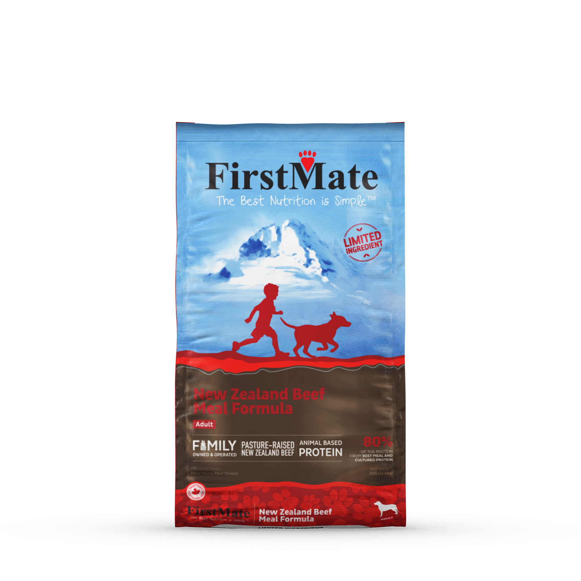The front of a bag of FirstMate New Zealand Beef