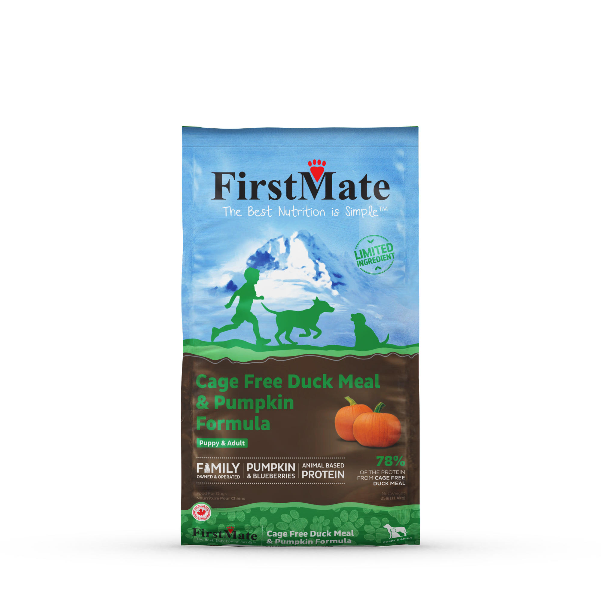 The front of a bag of FirstMate Cage Free Duck Meal & Pumpkin