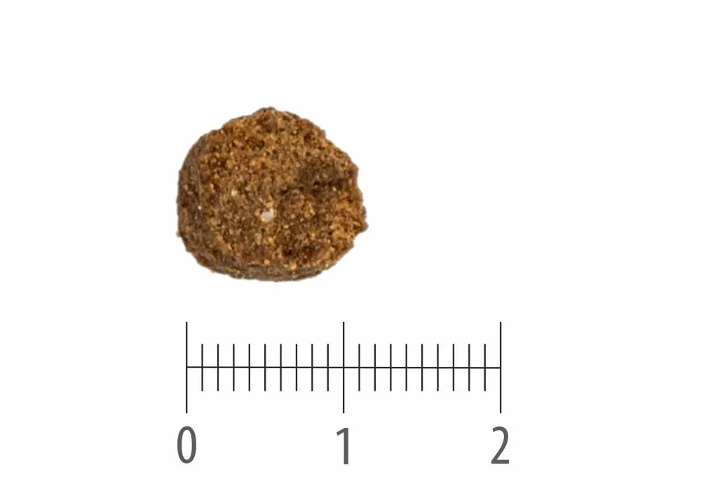 Granule Australian Lamb nad pravítkem s dělením na centimetry a milimetry