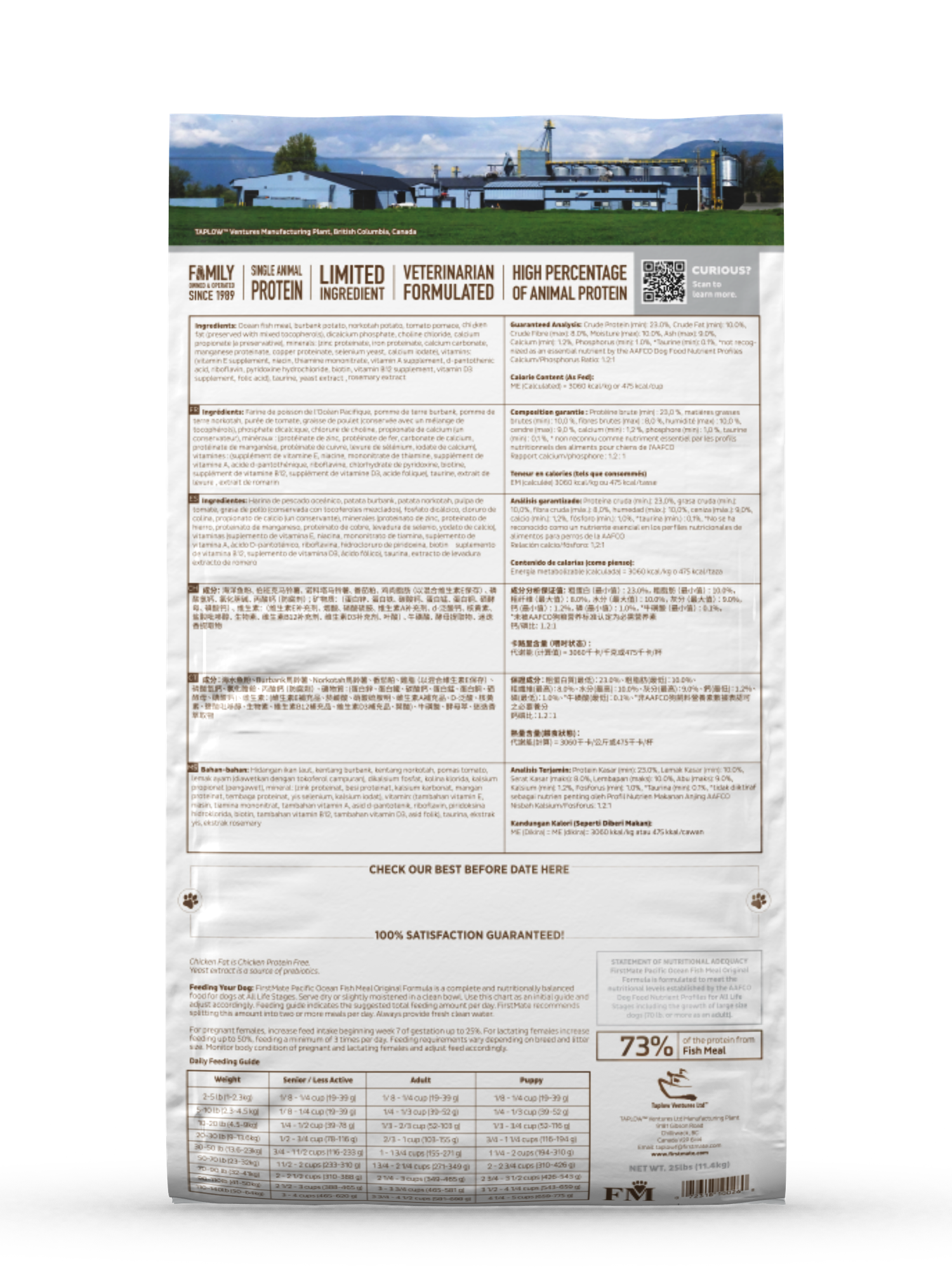The back of a bag of FirstMate Pacific Ocean Fish Original with the composition and nutritional information