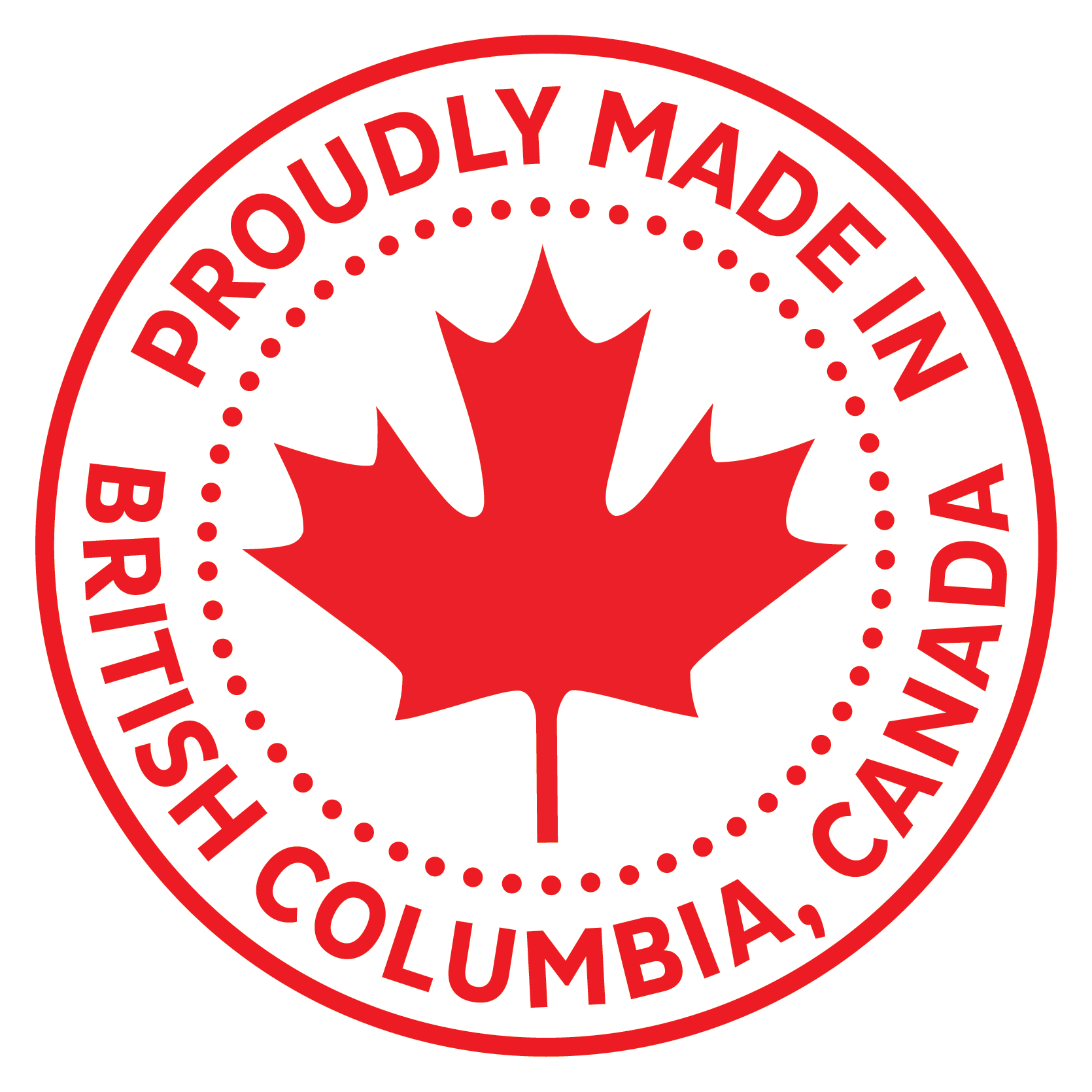 A round stamp with a maple leaf: Proudly made in British Columbia, Canada